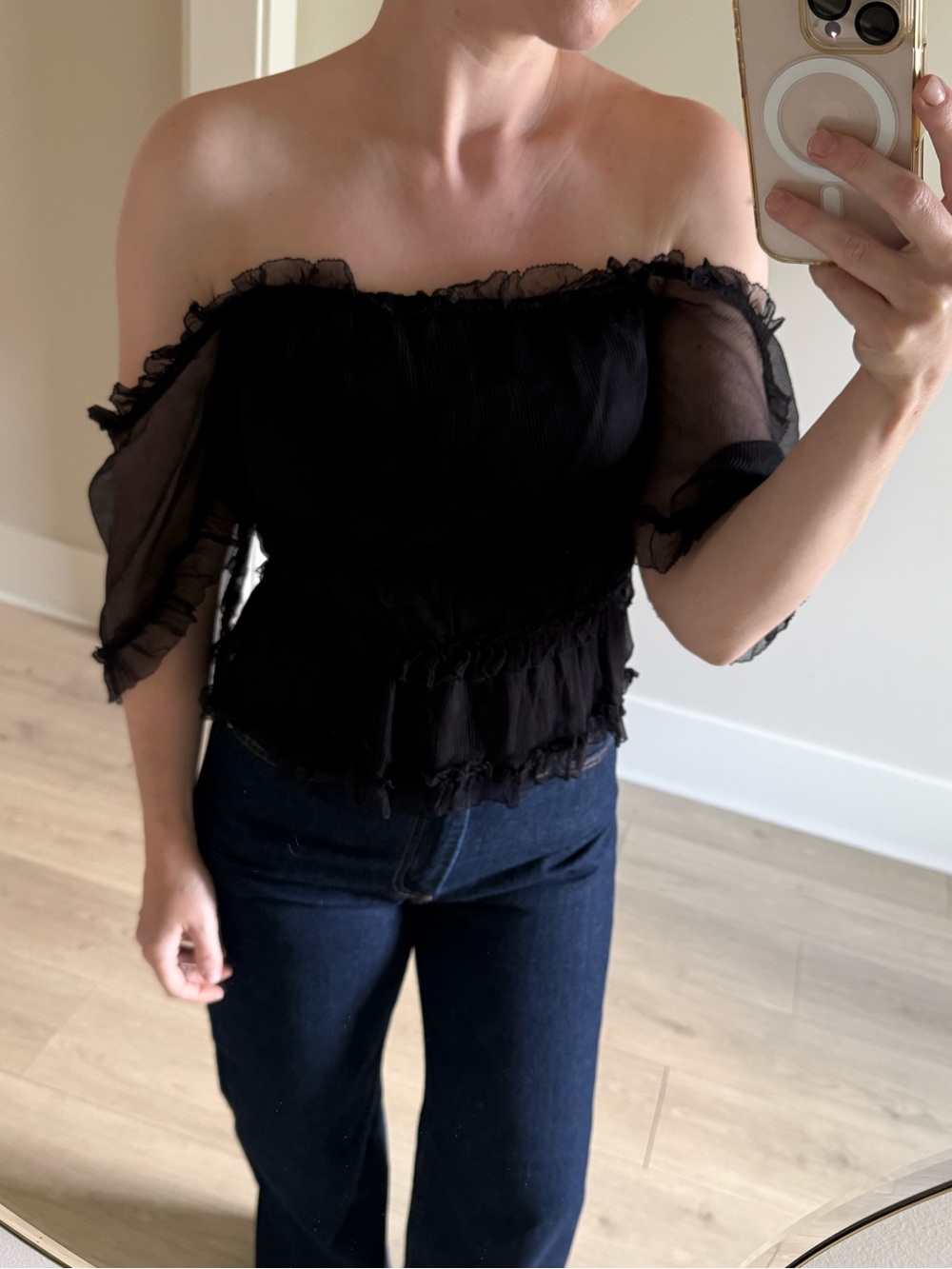NWOT Love Sam Romantic Boho Off-shoulder Top in Black size Small